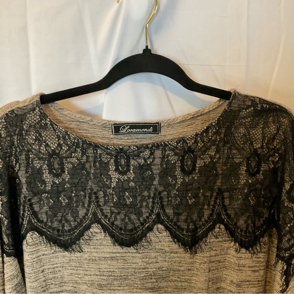 Loramendi Women’s Long Sleeve Heathered Oatmeal color with Black lace trim XL - Picture 15 of 16